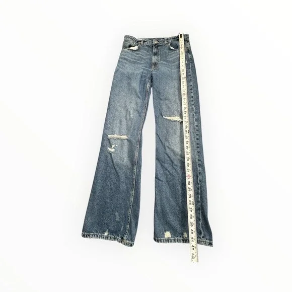 Zara Jeans Womens 10 Blue Wide Leg Distressed High Rise Denim Pants 6688/334 - Picture 7 of 13